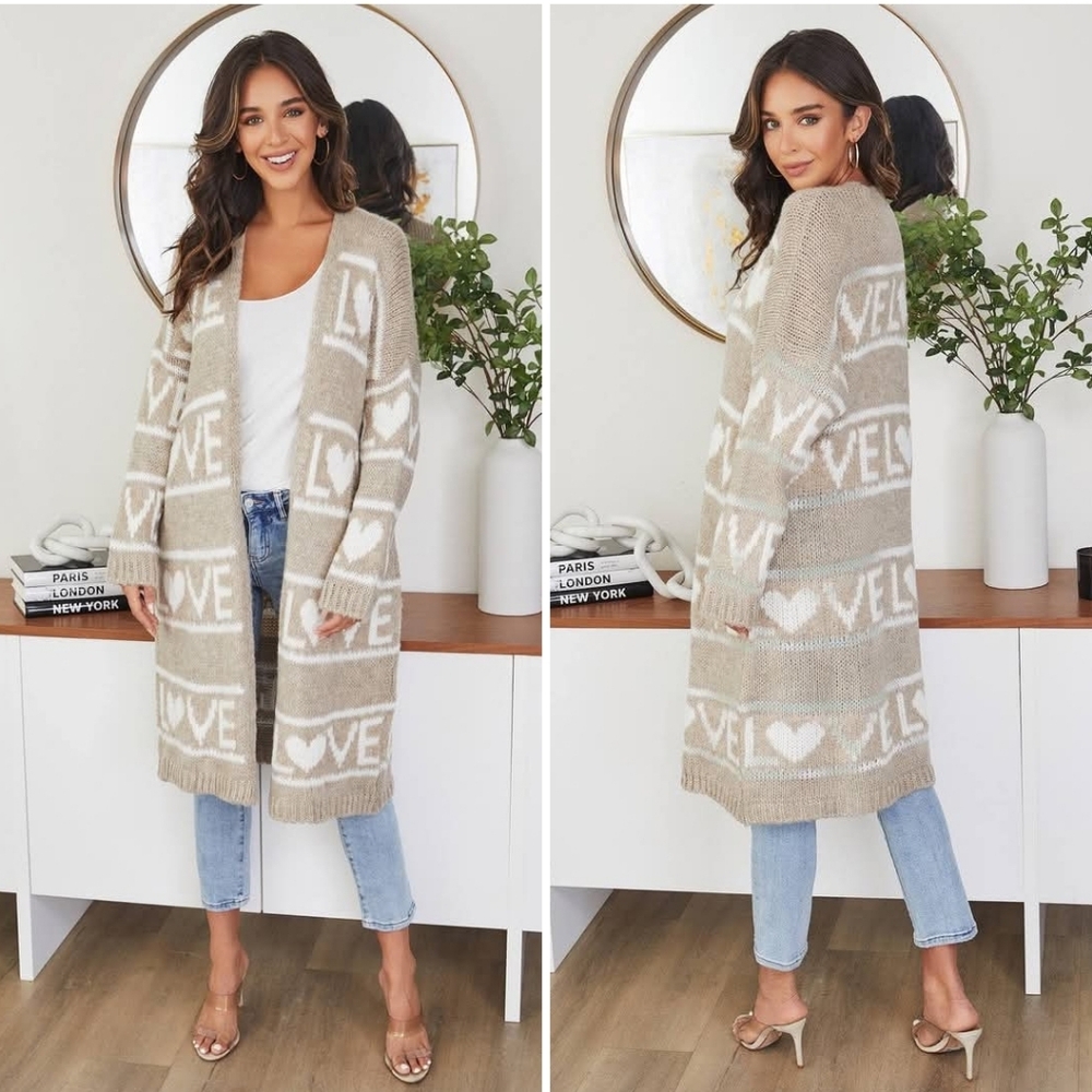 Taupe 'LOVE' Open-Front Long Cardigan Sweater. NWT Size S/M